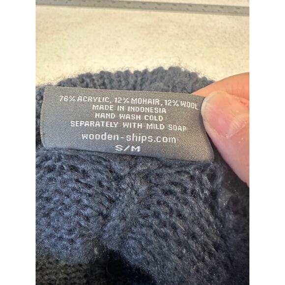 Wooden Ships Cowl Poncho Sweater Womens S/M Mohair Wool Blend Fringe Blue D60 - Picture 4 of 5